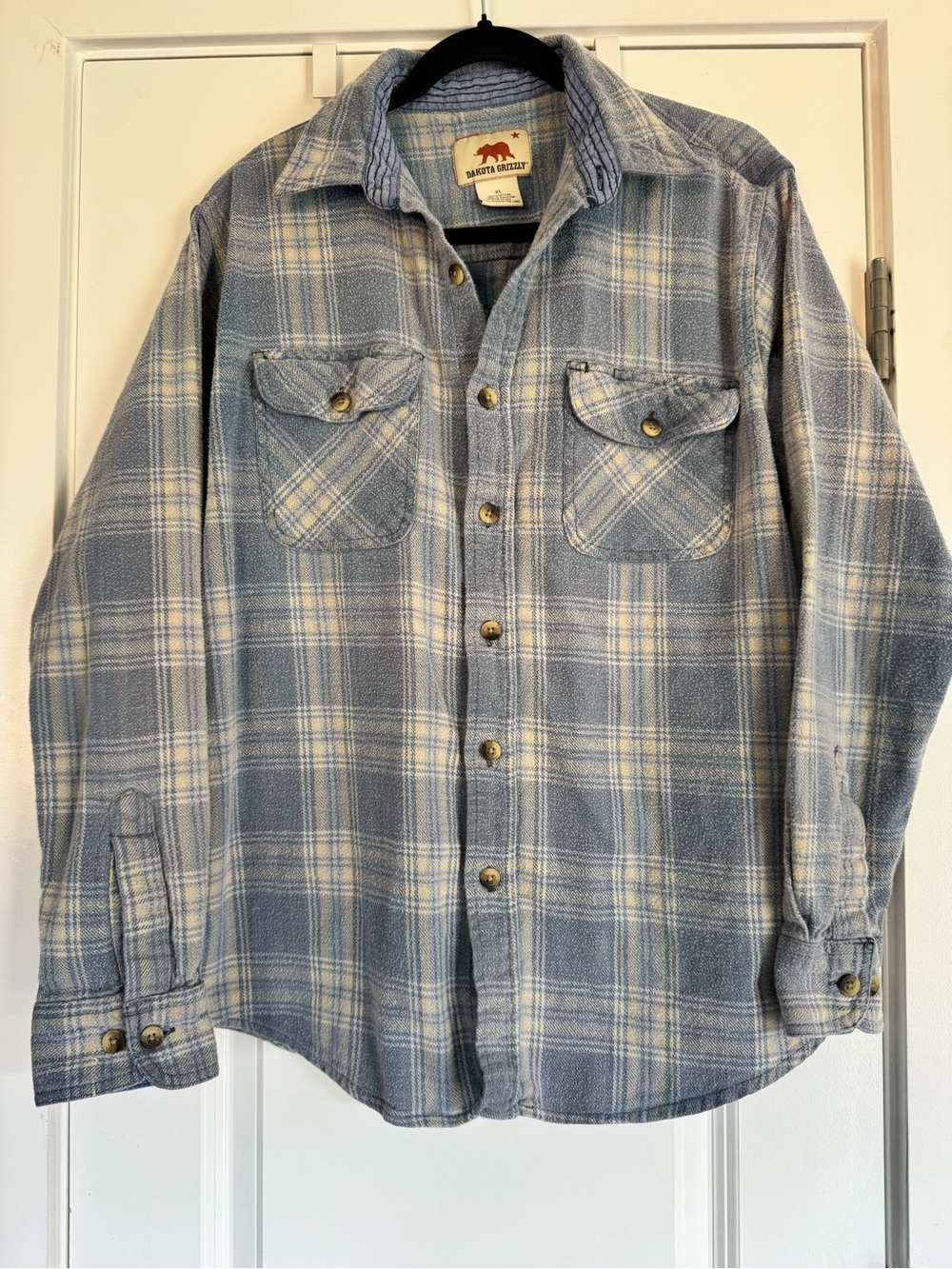 Dakota Grizzly Men's XL Plaid Flannel Shirt Blue Cream 100% Cotton